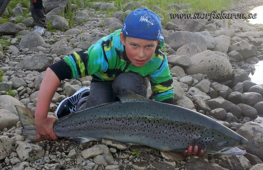 Sebbe med felkrokad lax. ca 11-12 kg.